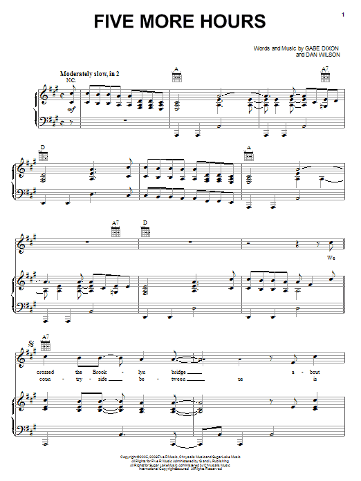 The Gabe Dixon Band Five More Hours sheet music notes and chords arranged for Piano, Vocal & Guitar Chords (Right-Hand Melody)