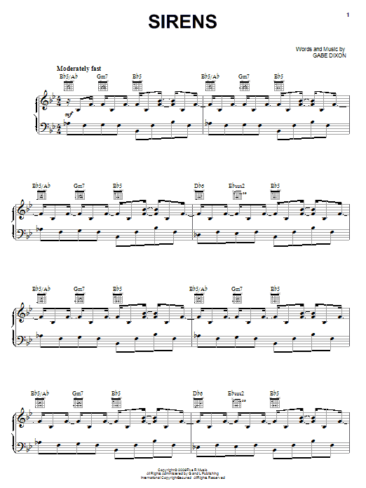 The Gabe Dixon Band Sirens sheet music notes and chords arranged for Piano, Vocal & Guitar Chords (Right-Hand Melody)