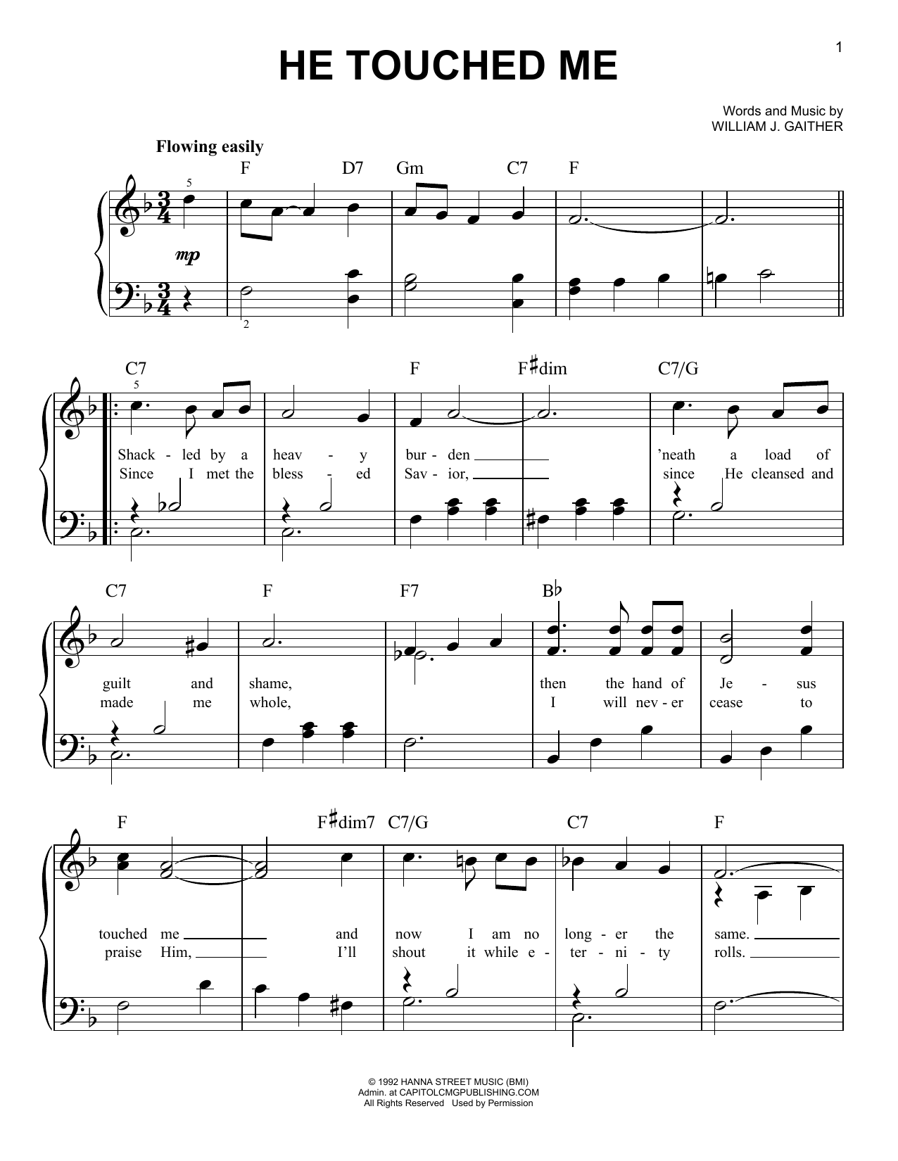 William J. Gaither He Touched Me sheet music notes and chords arranged for Easy Piano