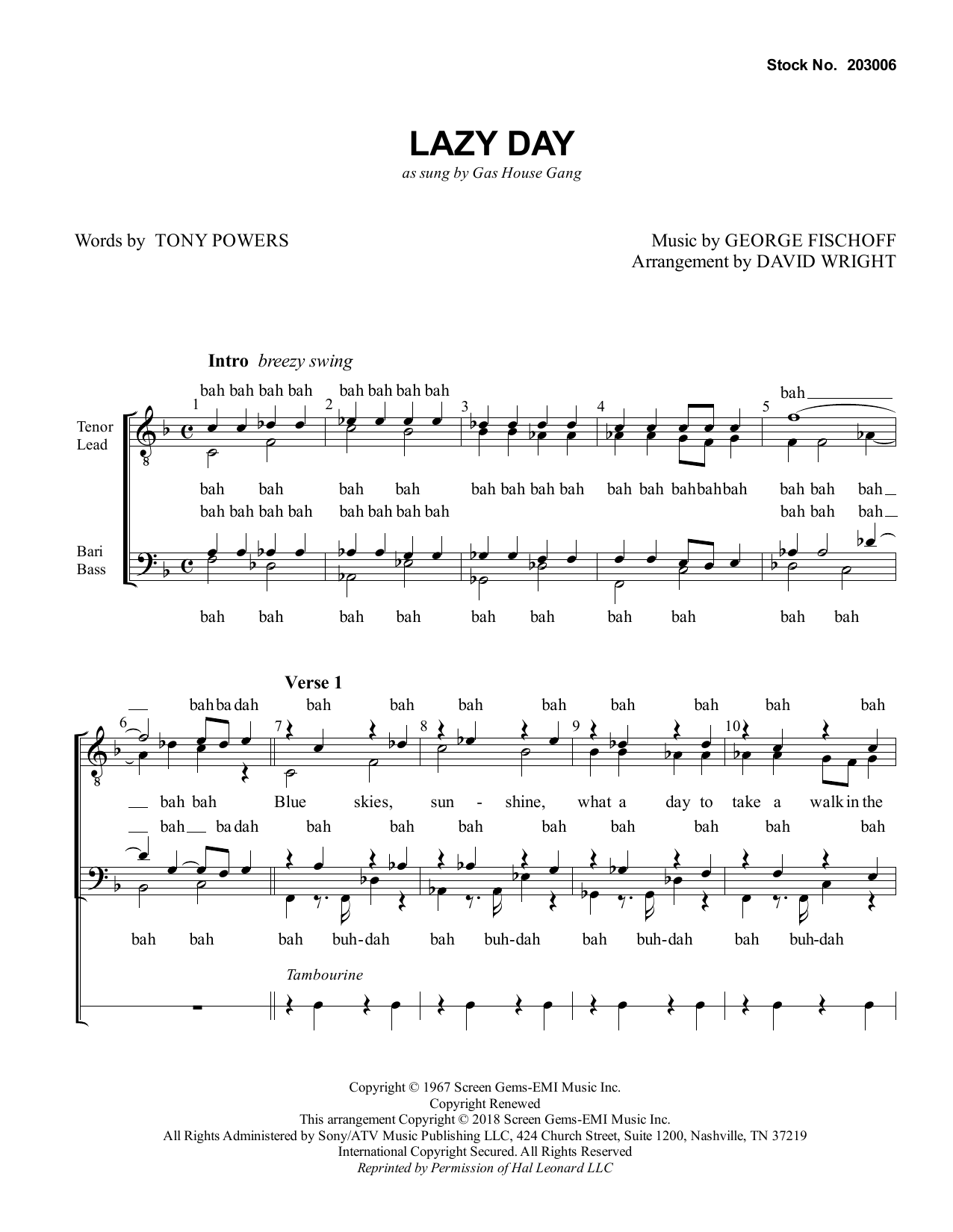 The Gas House Gang Lazy Day (arr. David Wright) sheet music notes and chords arranged for SSAA Choir