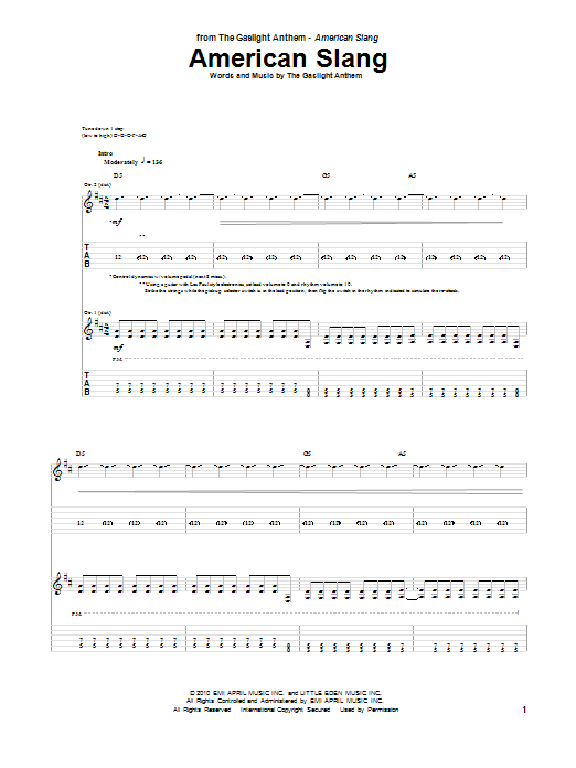 The Gaslight Anthem American Slang sheet music notes and chords arranged for Guitar Tab