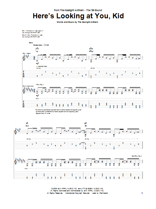 The Gaslight Anthem Here's Looking At You, Kid sheet music notes and chords arranged for Guitar Tab