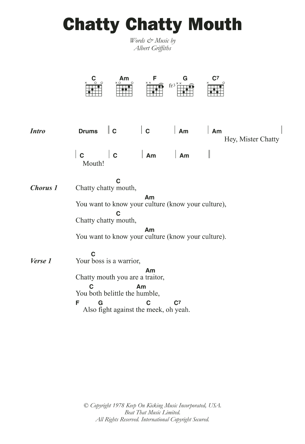 The Gladiators Chatty Chatty Mouth sheet music notes and chords arranged for Guitar Chords/Lyrics