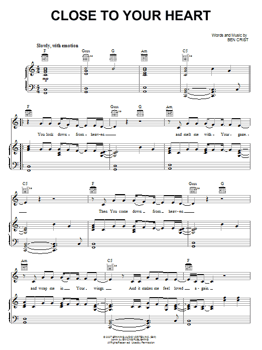 The Glorious Unseen Close To Your Heart sheet music notes and chords arranged for Piano, Vocal & Guitar Chords (Right-Hand Melody)