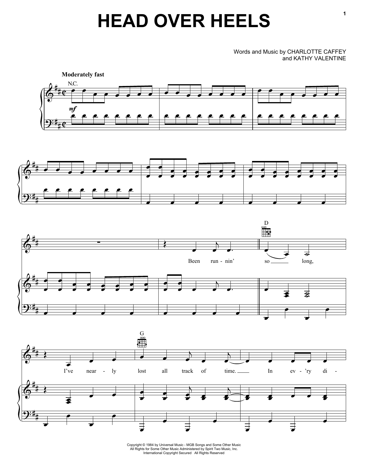 The Go-Go's Head Over Heels sheet music notes and chords arranged for Piano, Vocal & Guitar Chords (Right-Hand Melody)