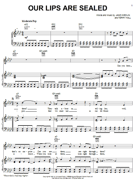 The Go-Go's Our Lips Are Sealed sheet music notes and chords arranged for Easy Guitar Tab