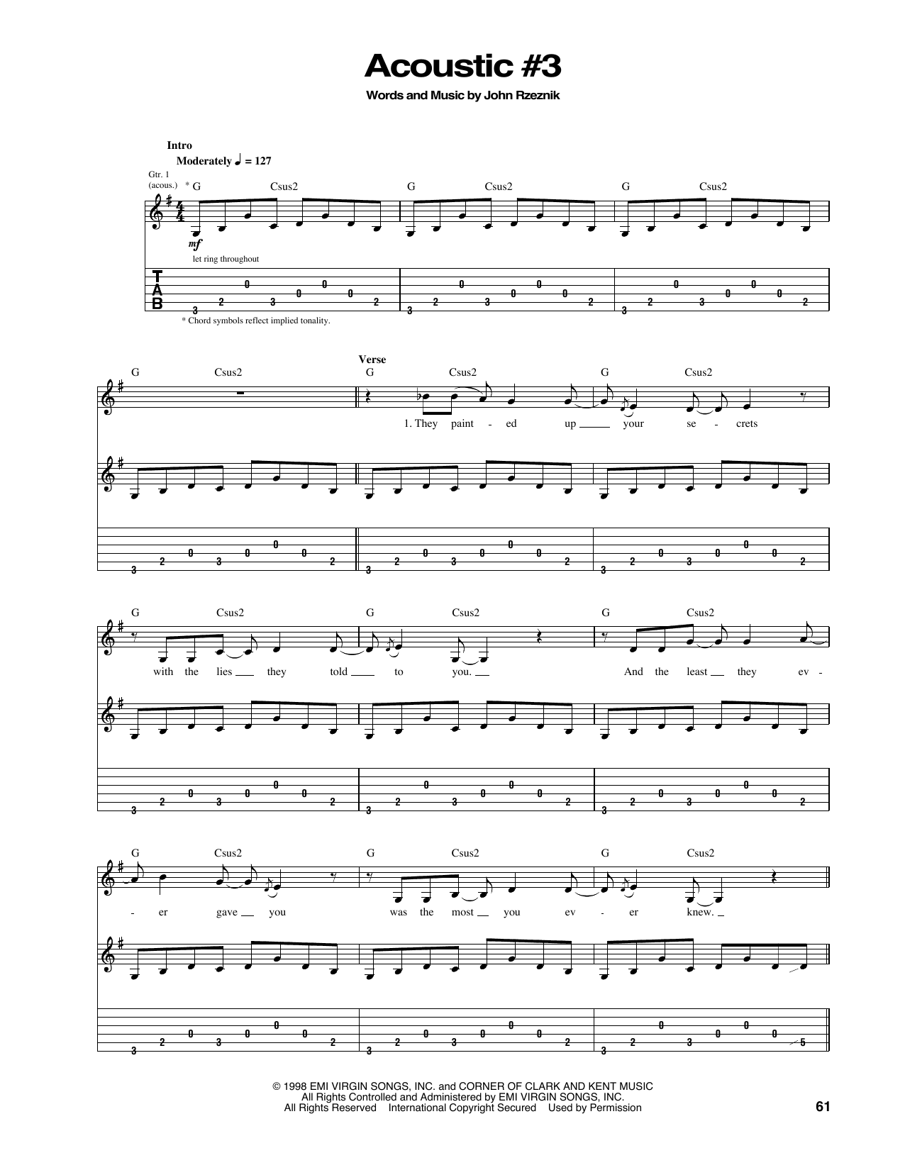 The Goo Goo Dolls Acoustic #3 sheet music notes and chords arranged for Piano, Vocal & Guitar Chords (Right-Hand Melody)