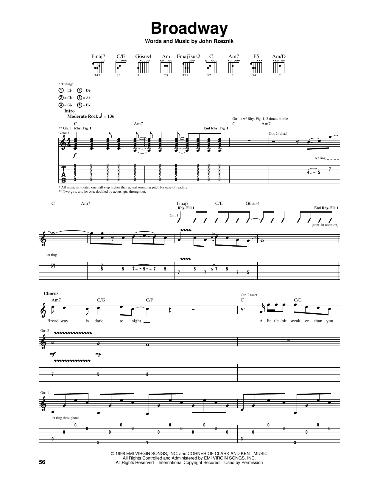 The Goo Goo Dolls Broadway sheet music notes and chords arranged for Piano, Vocal & Guitar Chords (Right-Hand Melody)