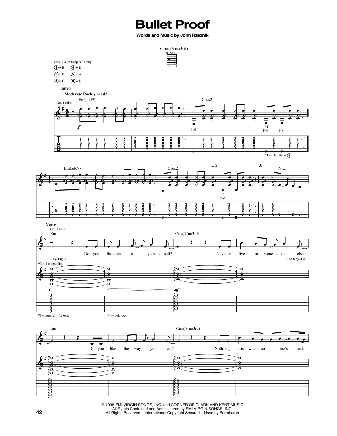 The Goo Goo Dolls Bullet Proof sheet music notes and chords arranged for Piano, Vocal & Guitar Chords (Right-Hand Melody)