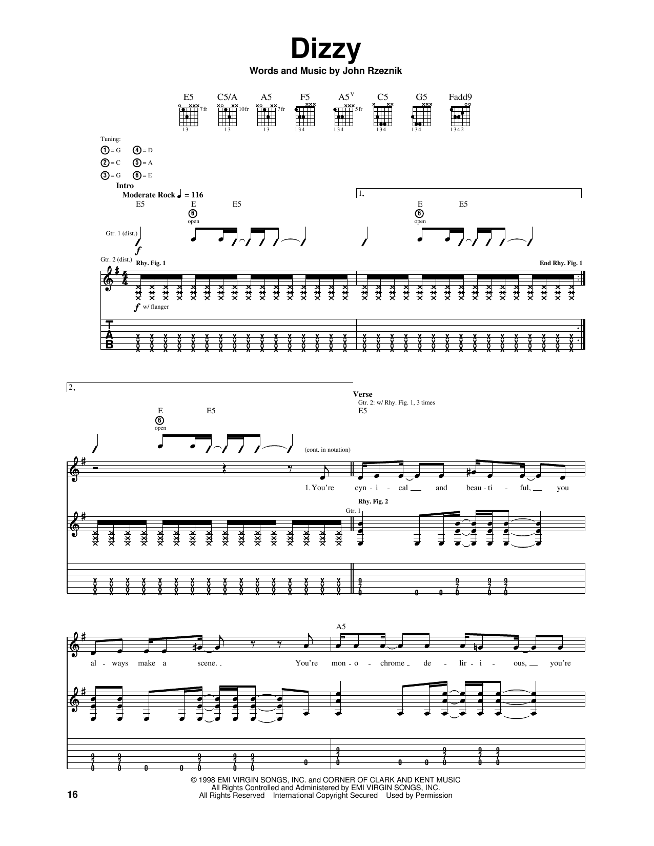The Goo Goo Dolls Dizzy sheet music notes and chords arranged for Piano, Vocal & Guitar Chords (Right-Hand Melody)