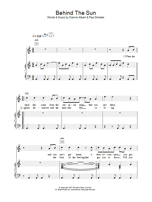 The Good The Bad & The Queen Behind The Sun sheet music notes and chords arranged for Piano, Vocal & Guitar Chords