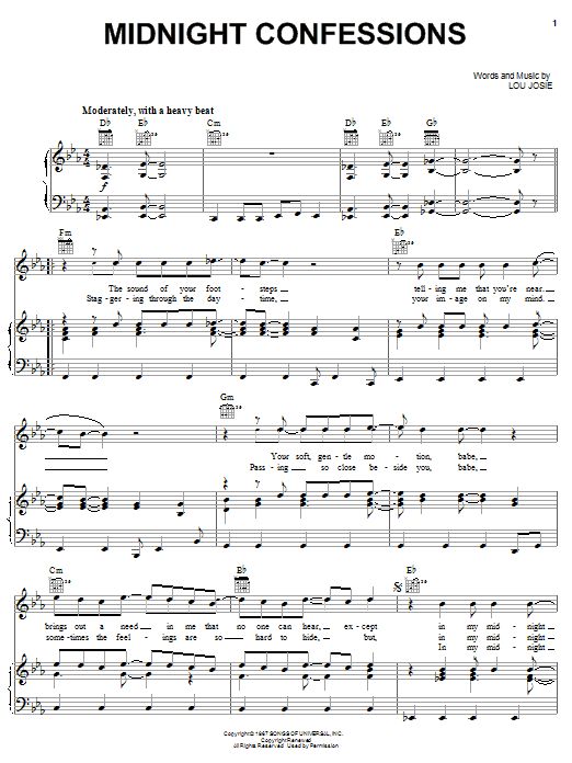 The Grass Roots Midnight Confessions sheet music notes and chords arranged for Piano, Vocal & Guitar Chords (Right-Hand Melody)
