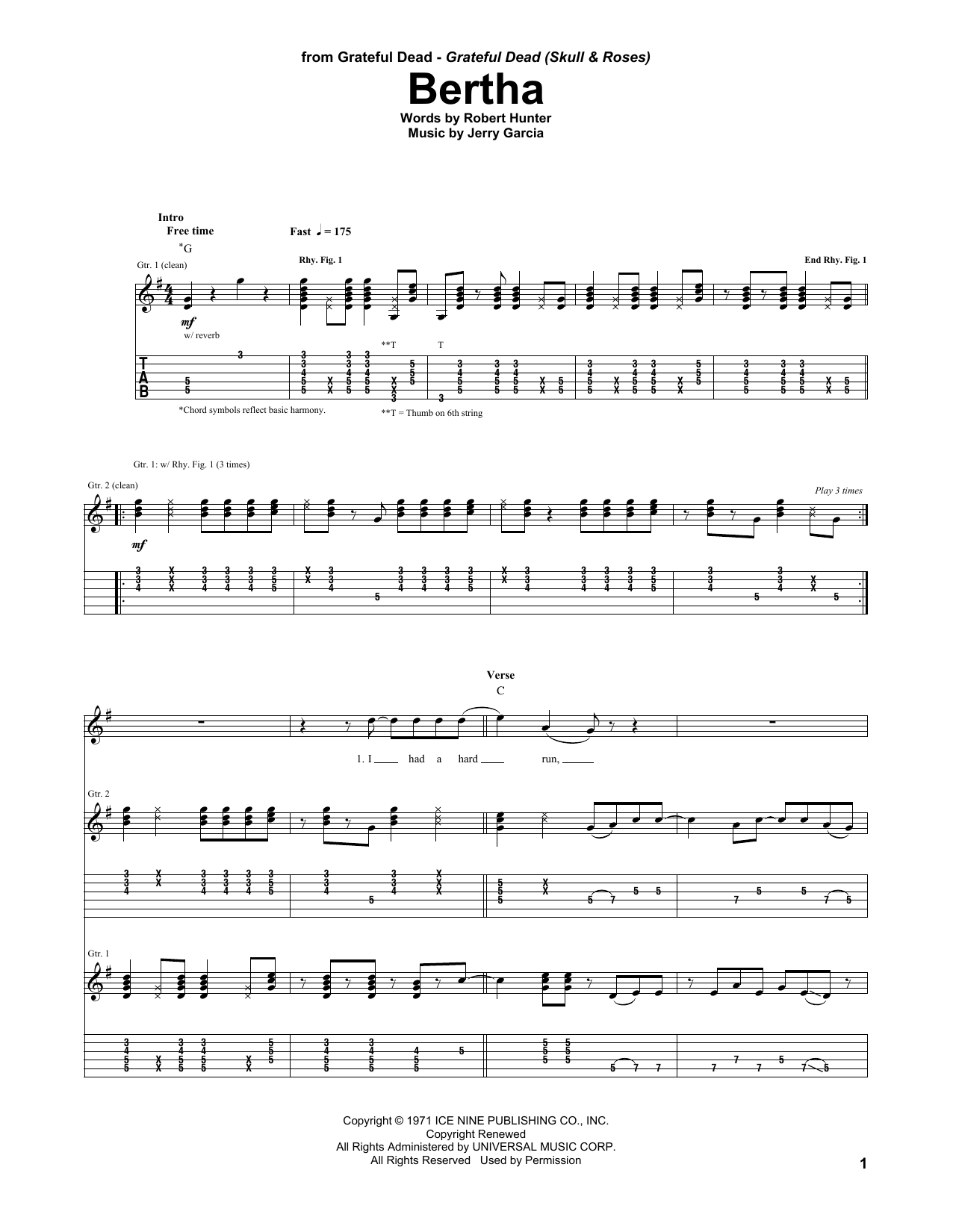 Grateful Dead Bertha sheet music notes and chords arranged for Guitar Tab