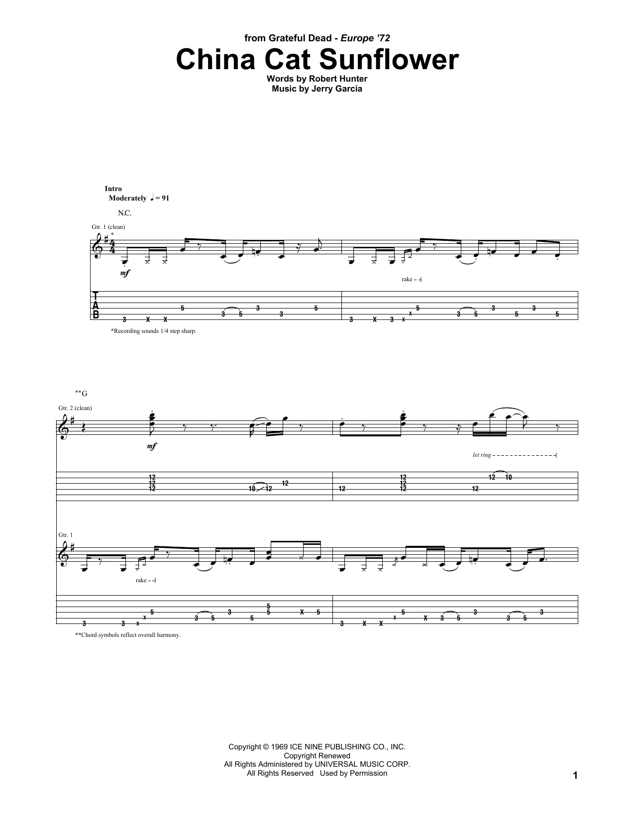Grateful Dead China Cat Sunflower sheet music notes and chords arranged for Guitar Tab