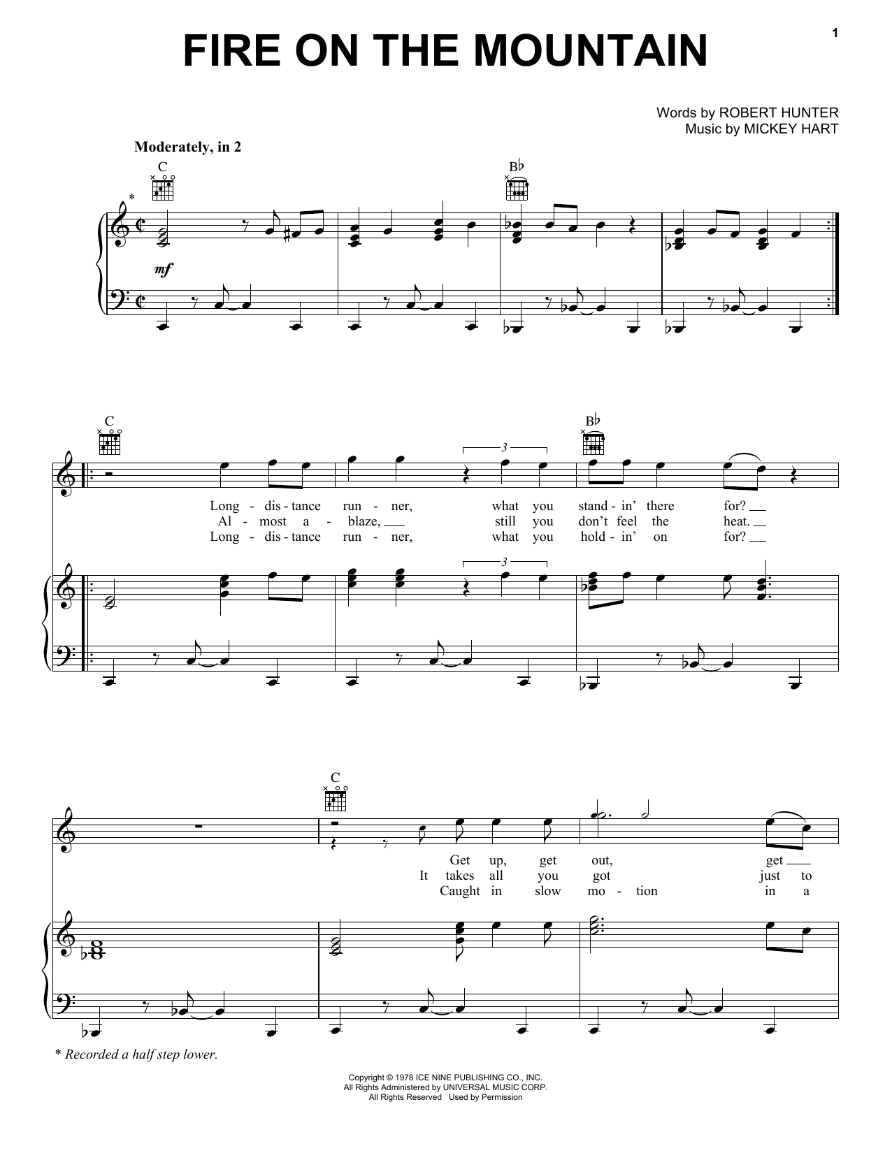 Grateful Dead Fire On The Mountain sheet music notes and chords arranged for Piano, Vocal & Guitar Chords (Right-Hand Melody)