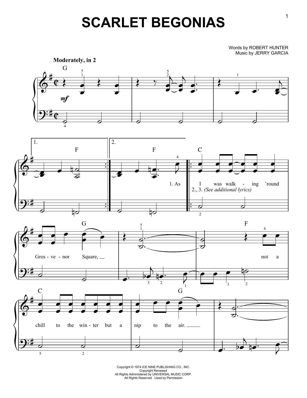 Grateful Dead Scarlet Begonias sheet music notes and chords arranged for Easy Piano