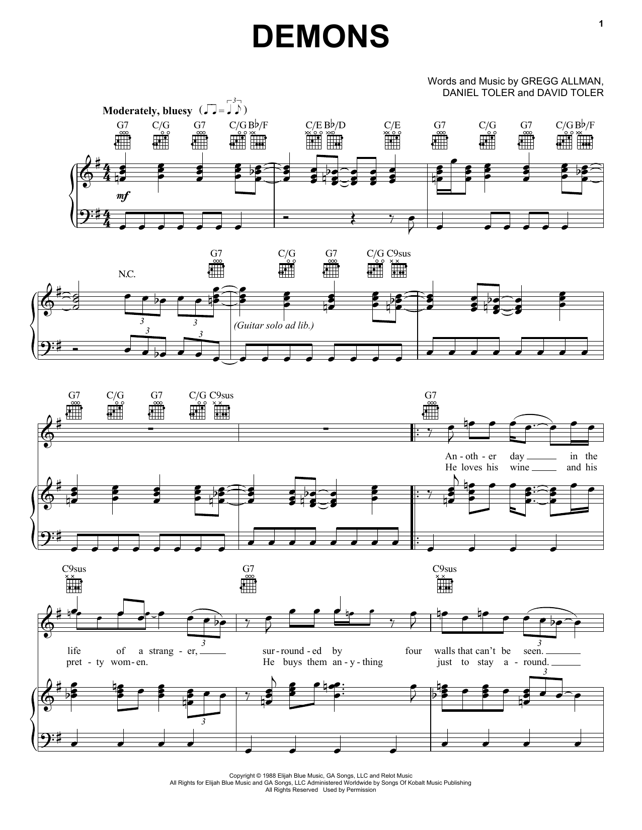 The Gregg Allman Band Demons sheet music notes and chords arranged for Piano, Vocal & Guitar Chords (Right-Hand Melody)