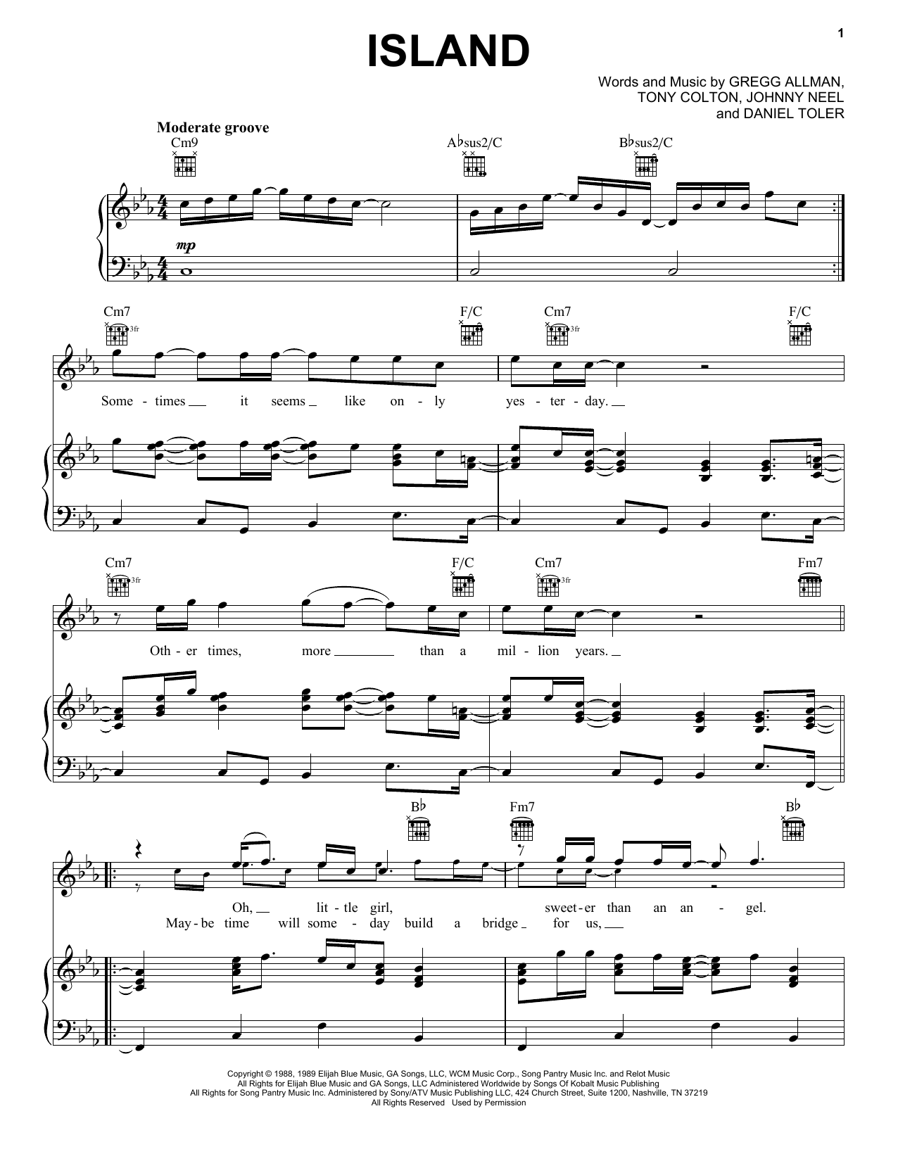 The Gregg Allman Band Island sheet music notes and chords arranged for Piano, Vocal & Guitar Chords (Right-Hand Melody)