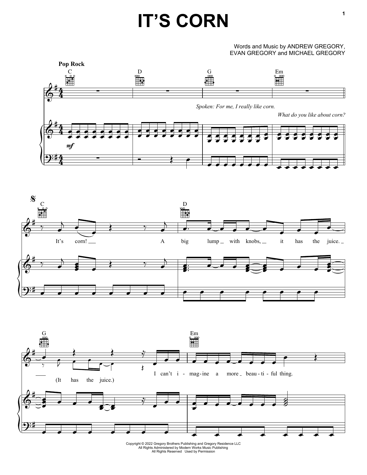 The Gregory Brothers It's Corn (feat. Tariq) sheet music notes and chords arranged for Super Easy Piano