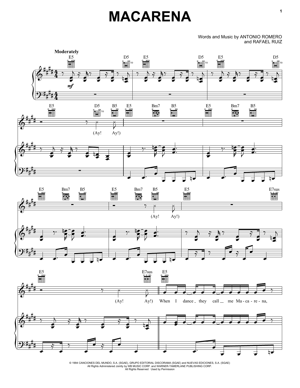 The Groovegrass Boyz Macarena sheet music notes and chords arranged for Piano, Vocal & Guitar Chords (Right-Hand Melody)