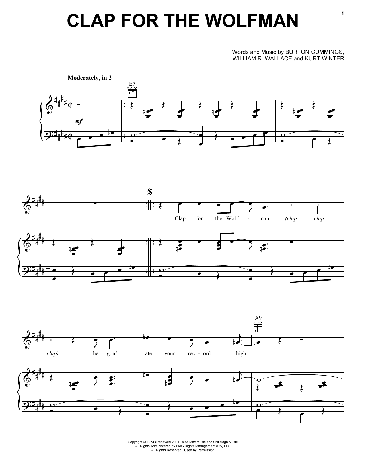 The Guess Who Clap For The Wolfman sheet music notes and chords arranged for Piano, Vocal & Guitar Chords (Right-Hand Melody)