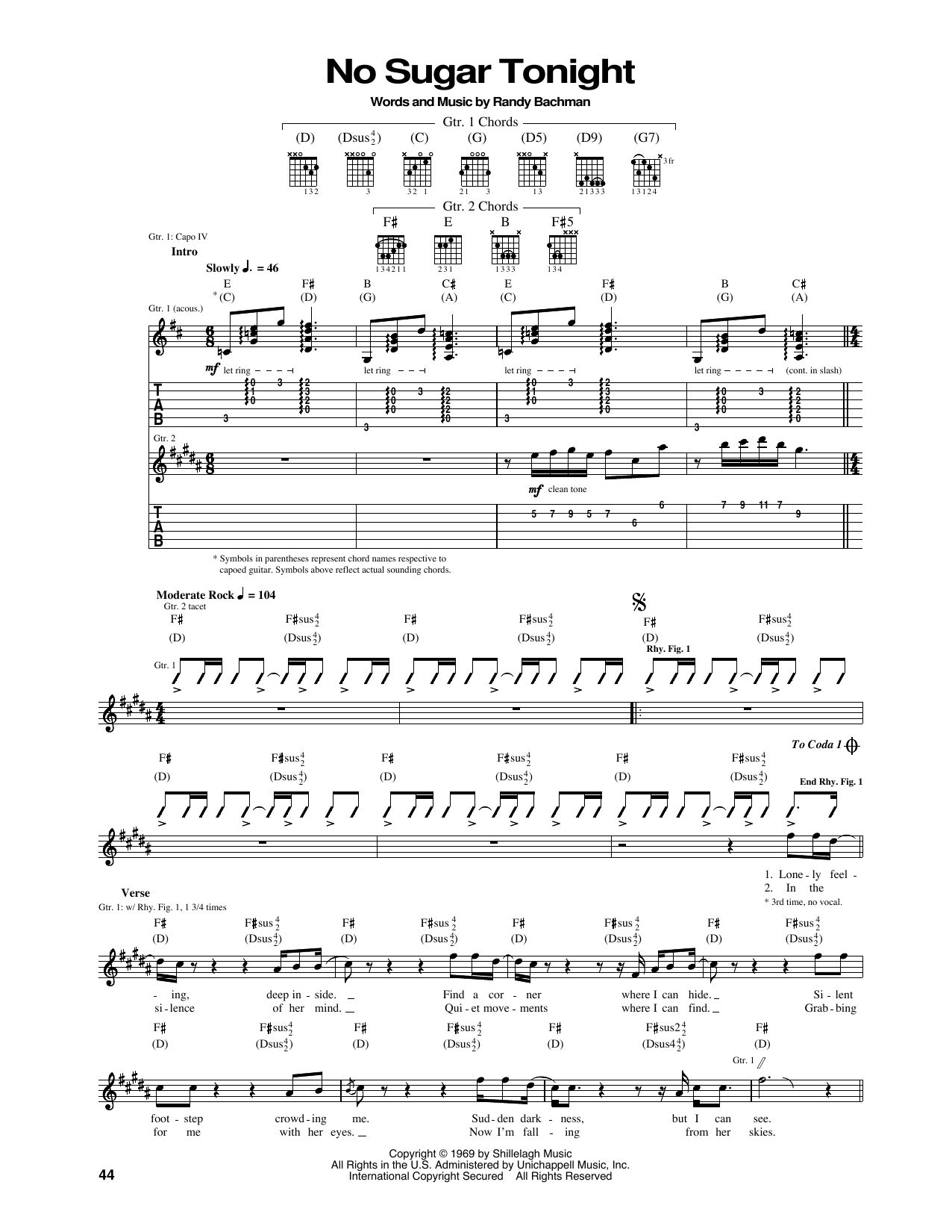 The Guess Who No Sugar Tonight sheet music notes and chords arranged for Guitar Tab