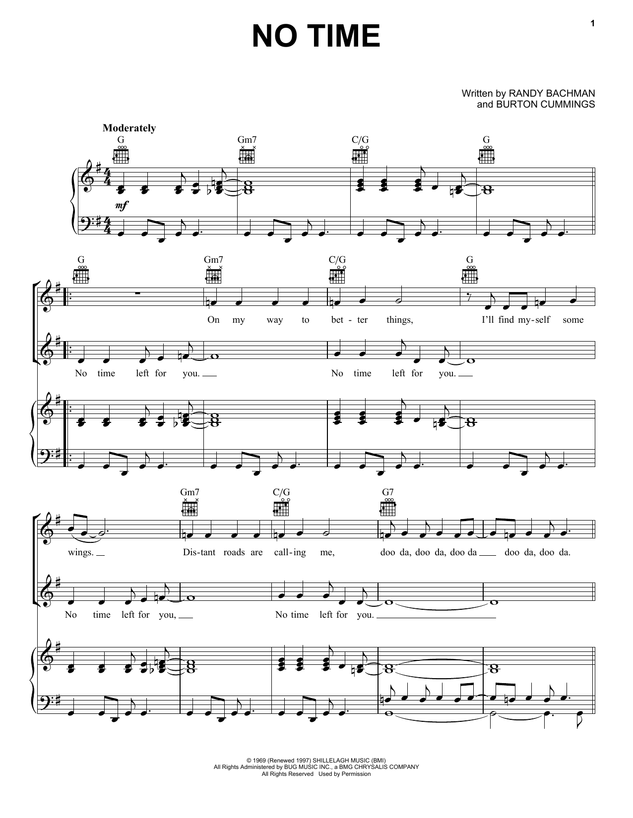 The Guess Who No Time sheet music notes and chords arranged for Piano, Vocal & Guitar Chords (Right-Hand Melody)