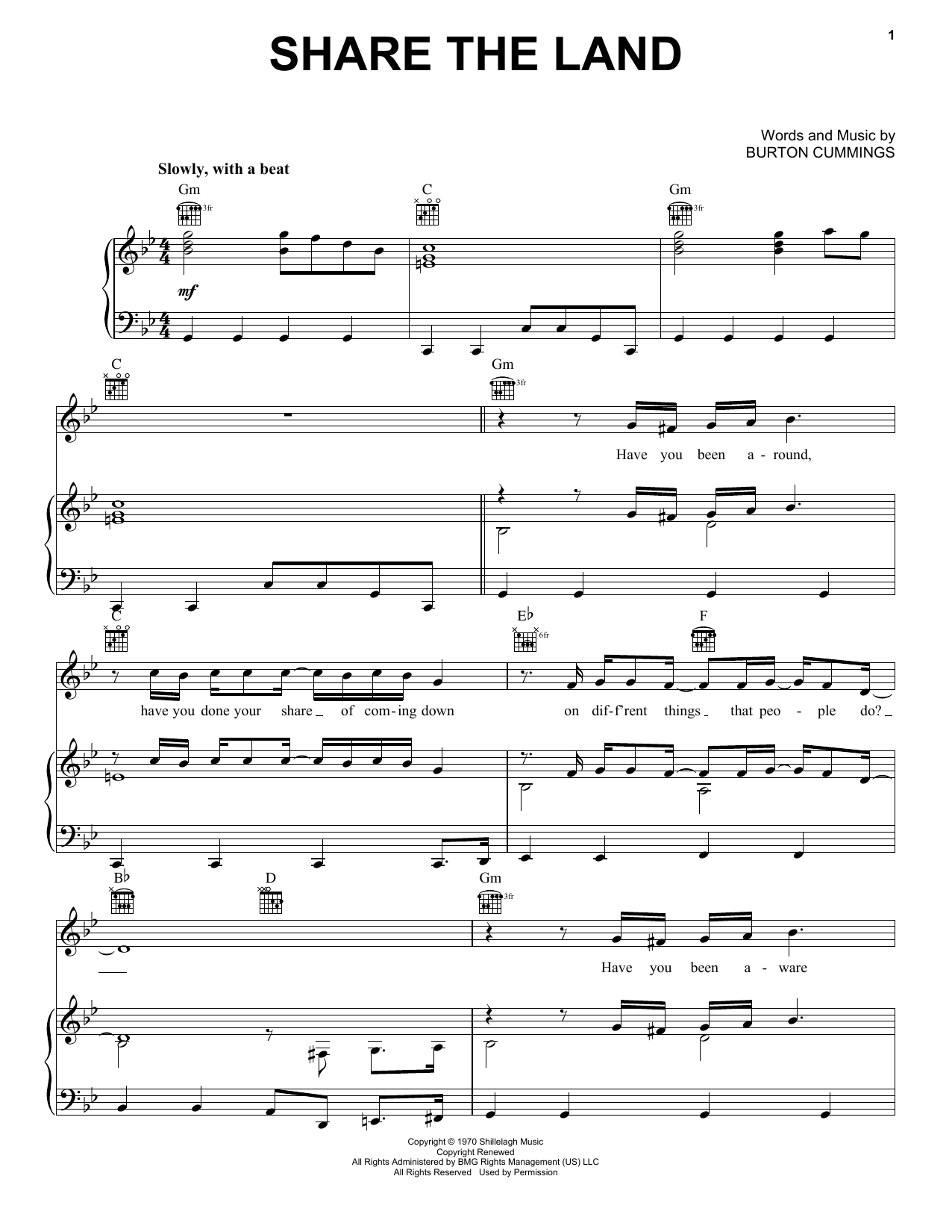 The Guess Who Share The Land sheet music notes and chords arranged for Piano, Vocal & Guitar Chords (Right-Hand Melody)