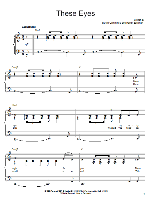 The Guess Who These Eyes sheet music notes and chords arranged for Piano, Vocal & Guitar Chords (Right-Hand Melody)