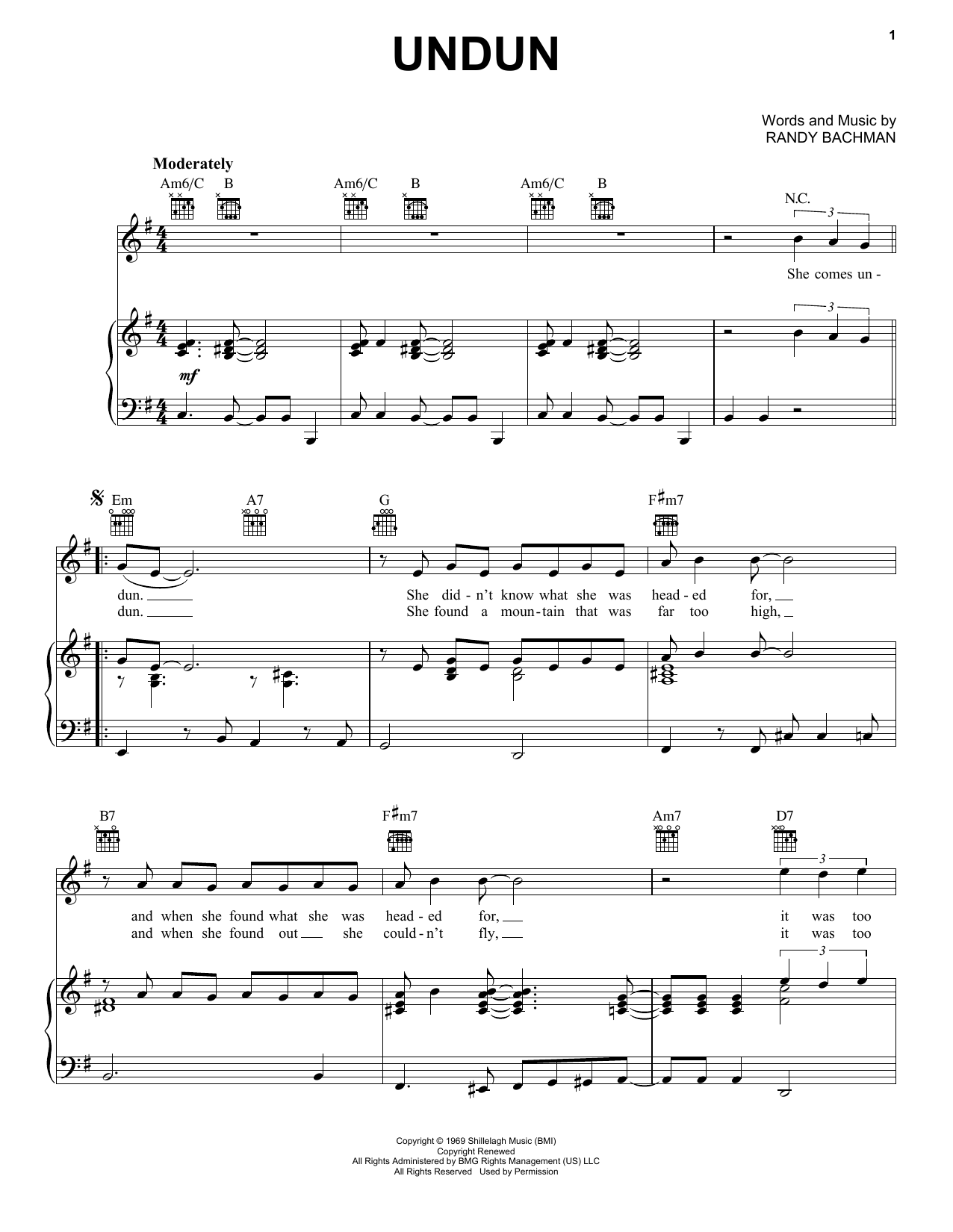 The Guess Who Undun sheet music notes and chords arranged for Piano, Vocal & Guitar Chords (Right-Hand Melody)