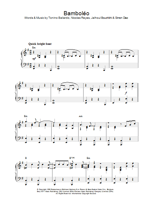 The Gypsy Kings Bamboléo sheet music notes and chords arranged for Piano Solo
