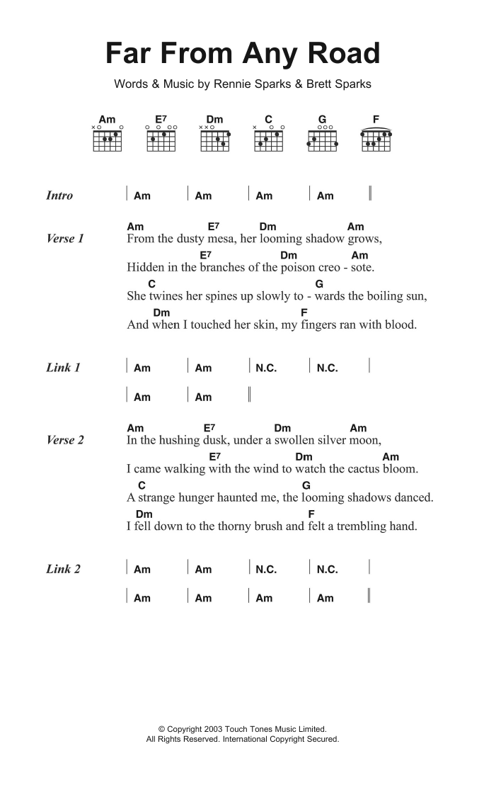 The Handsome Family Far From Any Road sheet music notes and chords arranged for Guitar Chords/Lyrics