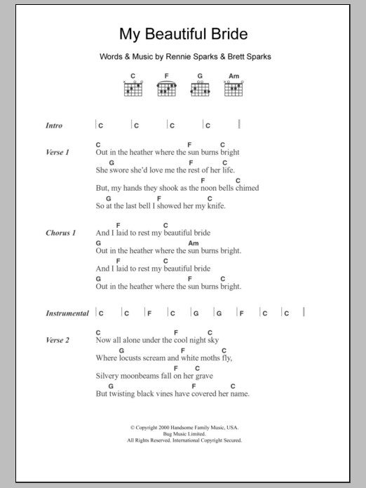 The Handsome Family My Beautiful Bride sheet music notes and chords arranged for Guitar Chords/Lyrics