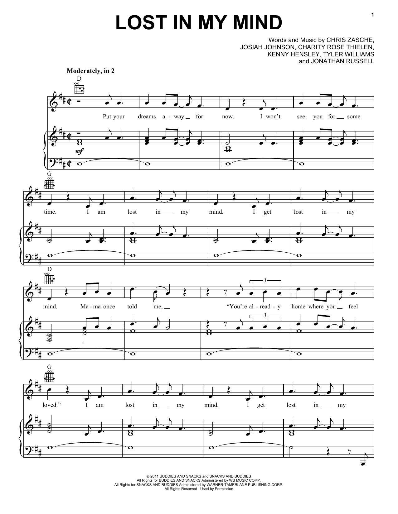 The Head And The Heart Lost In My Mind sheet music notes and chords arranged for Piano, Vocal & Guitar Chords (Right-Hand Melody)