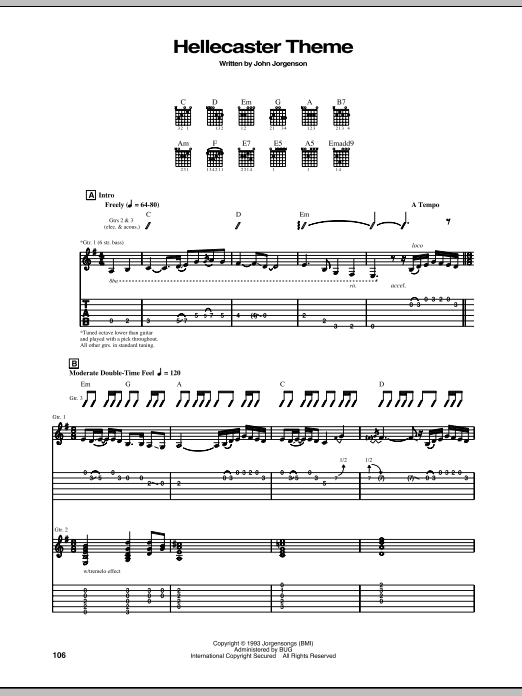 The Hellecasters Hellecaster Theme sheet music notes and chords arranged for Guitar Tab