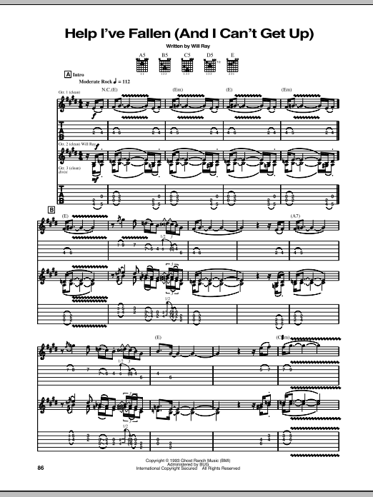 The Hellecasters Help I've Fallen (And I Can't Get Up) sheet music notes and chords arranged for Guitar Tab
