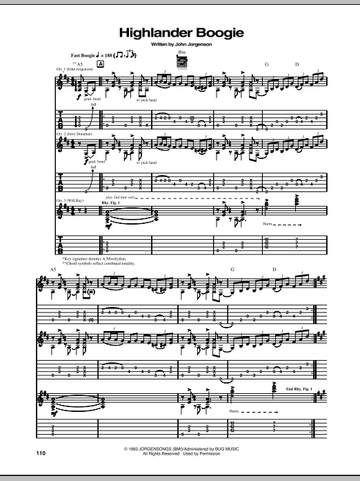 The Hellecasters Highlander Boogie sheet music notes and chords arranged for Guitar Tab