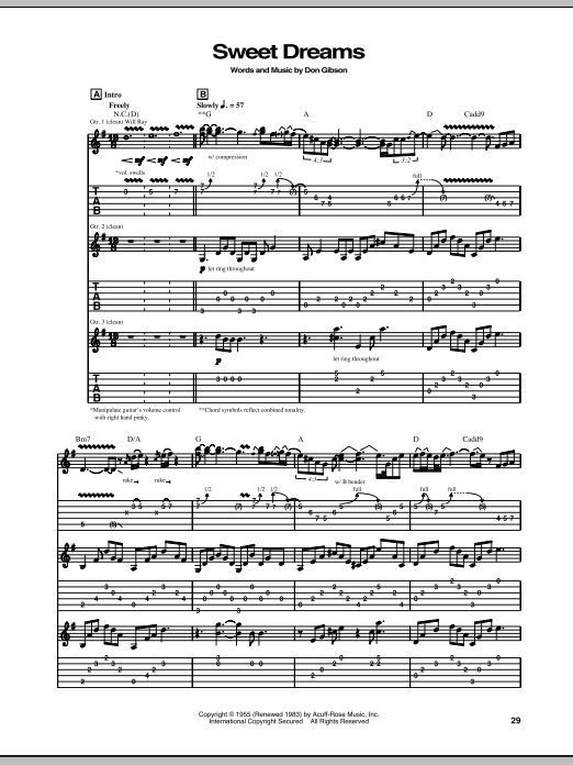 The Hellecasters Sweet Dreams sheet music notes and chords arranged for Guitar Tab