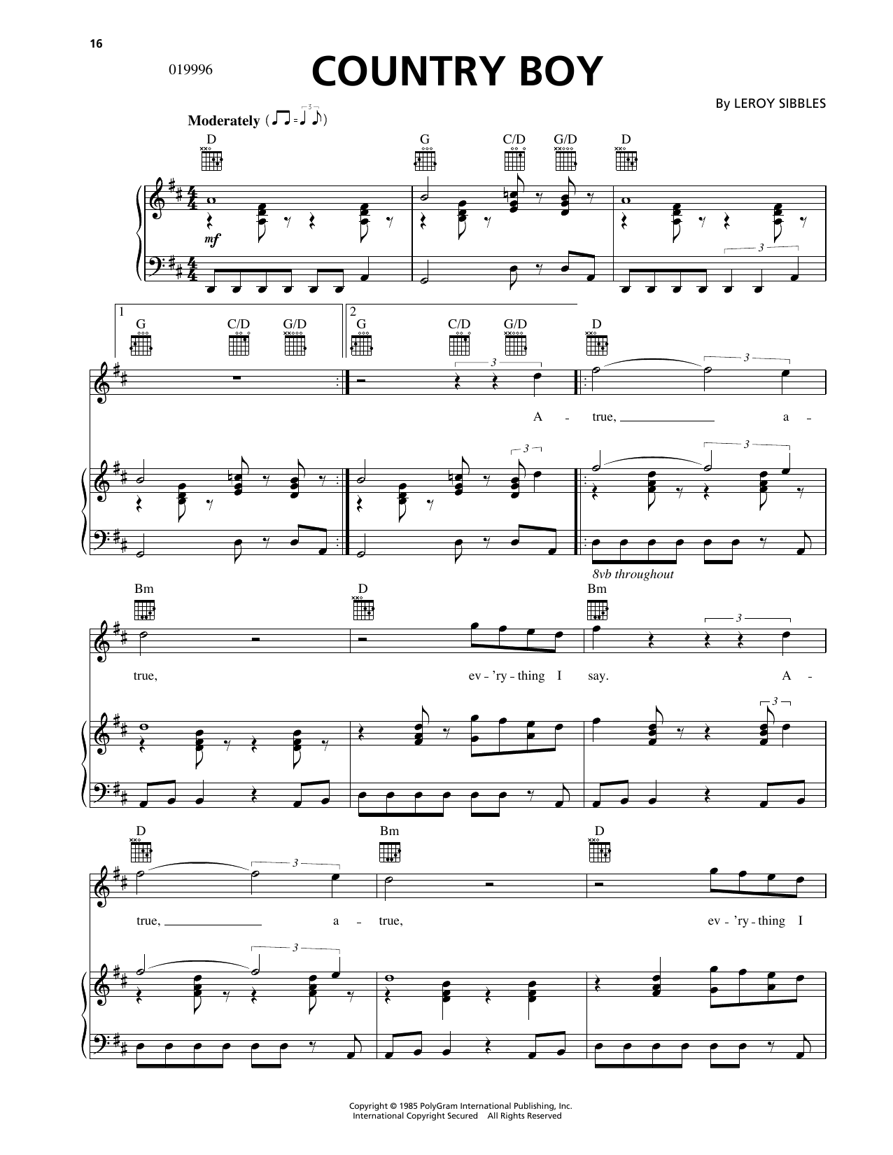 The Heptones Country Boy sheet music notes and chords arranged for Piano, Vocal & Guitar Chords (Right-Hand Melody)