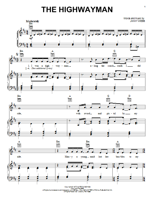 The Highwaymen The Highwayman sheet music notes and chords arranged for Piano, Vocal & Guitar Chords (Right-Hand Melody)