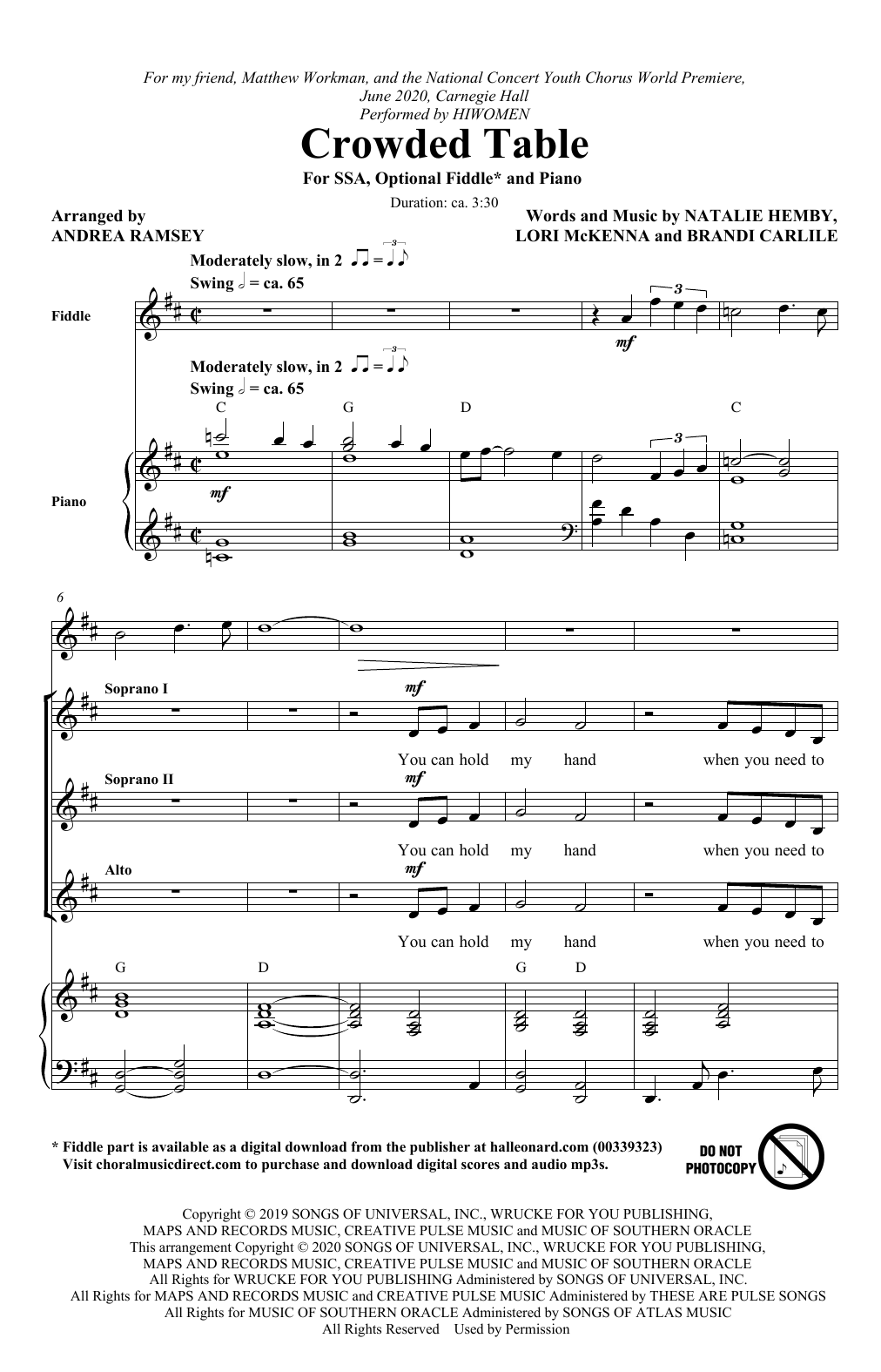 The Highwomen Crowded Table (arr. Andrea Ramsey) sheet music notes and chords arranged for SATB Choir