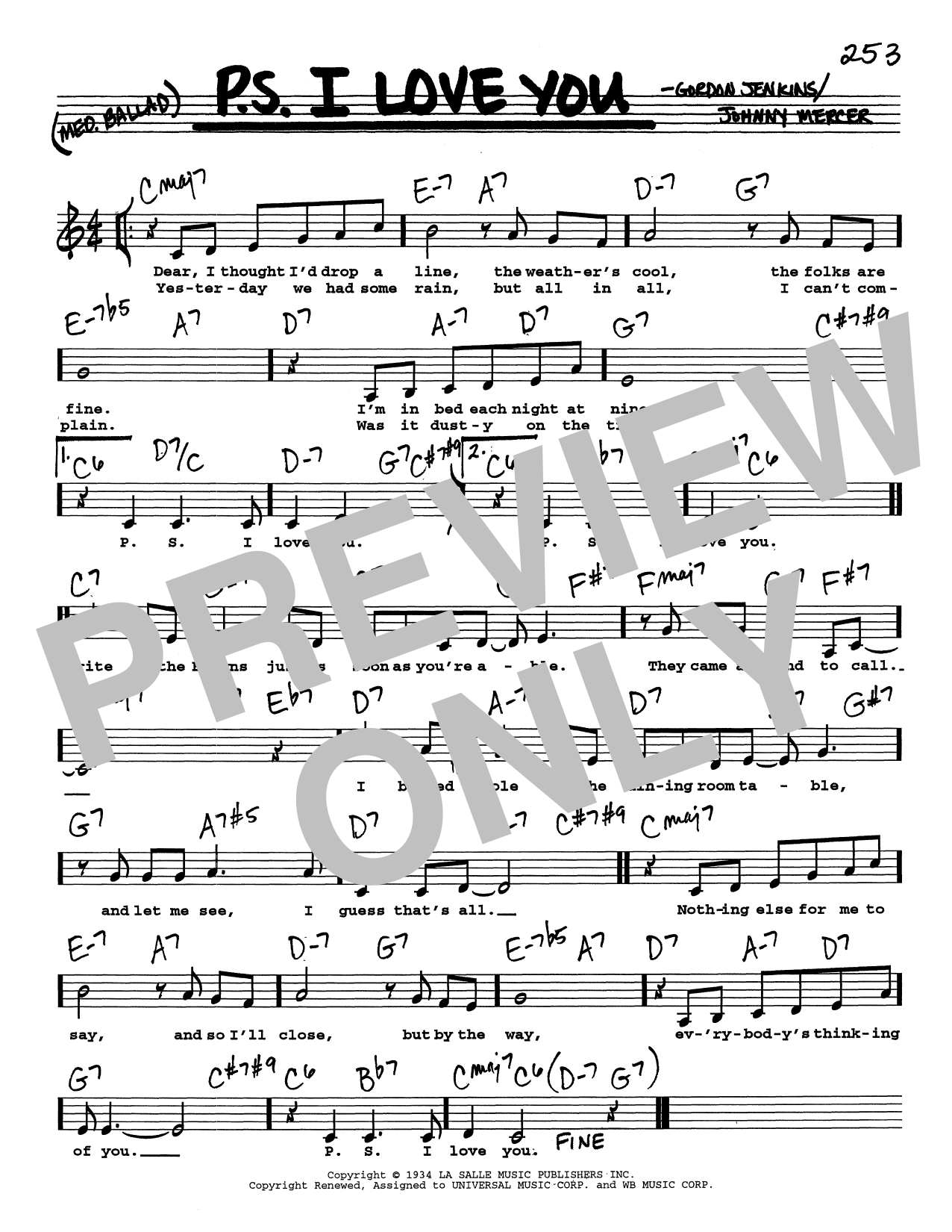 The Hilltoppers P.S. I Love You (Low Voice) sheet music notes and chords arranged for Real Book – Melody, Lyrics & Chords