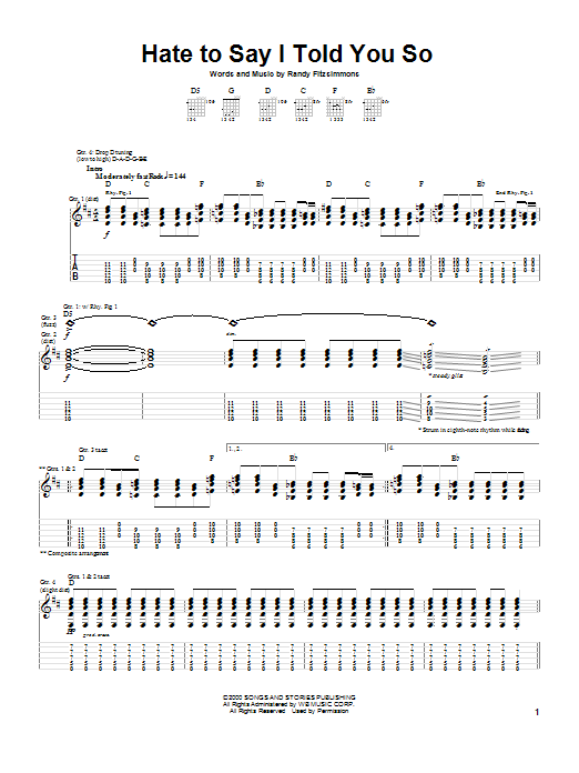 The Hives Hate To Say I Told You So sheet music notes and chords arranged for Guitar Tab