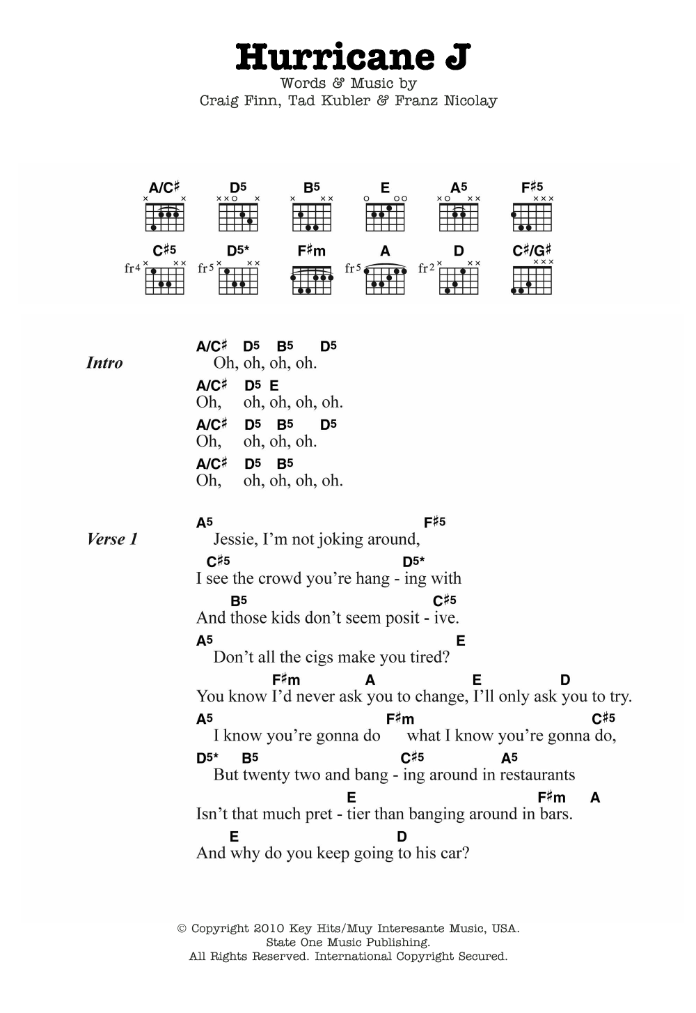 The Hold Steady Hurricane J sheet music notes and chords arranged for Guitar Chords/Lyrics