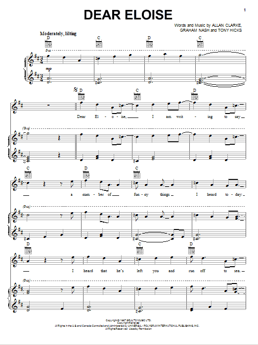 The Hollies Dear Eloise sheet music notes and chords arranged for Piano, Vocal & Guitar Chords (Right-Hand Melody)