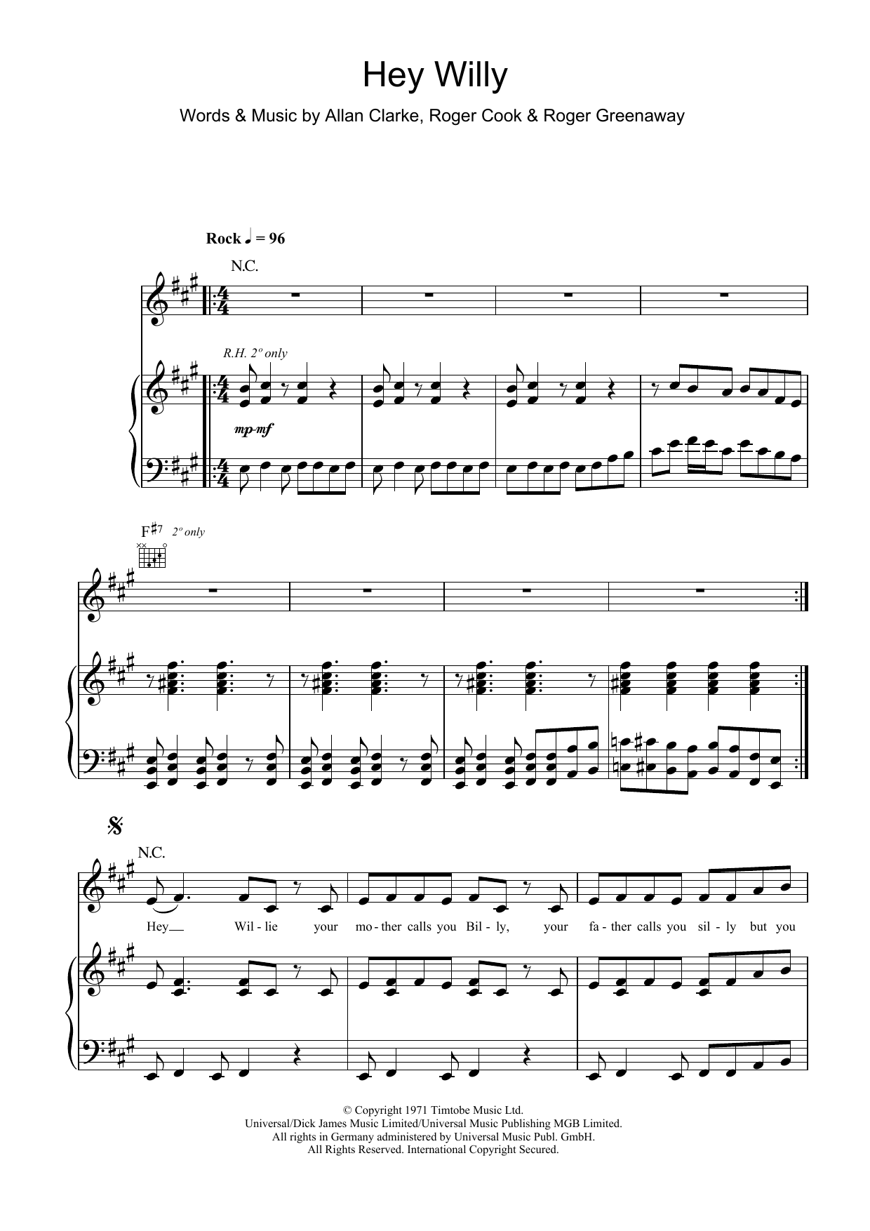 The Hollies Hey Willy sheet music notes and chords arranged for Piano, Vocal & Guitar Chords
