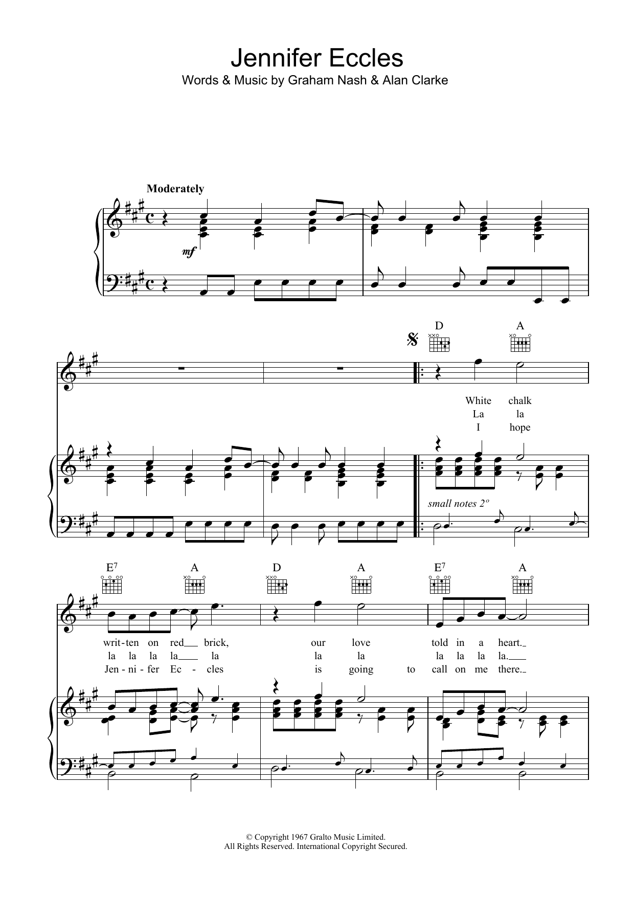 The Hollies Jennifer Eccles sheet music notes and chords arranged for Piano, Vocal & Guitar Chords