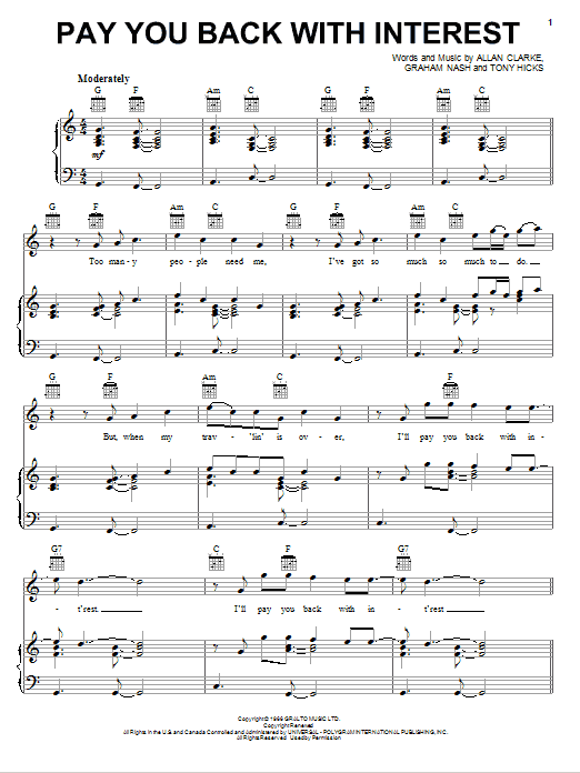 The Hollies Pay You Back With Interest sheet music notes and chords arranged for Piano, Vocal & Guitar Chords (Right-Hand Melody)
