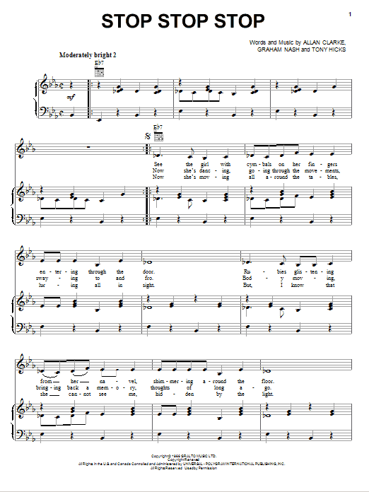 The Hollies Stop Stop Stop sheet music notes and chords arranged for Piano, Vocal & Guitar Chords (Right-Hand Melody)