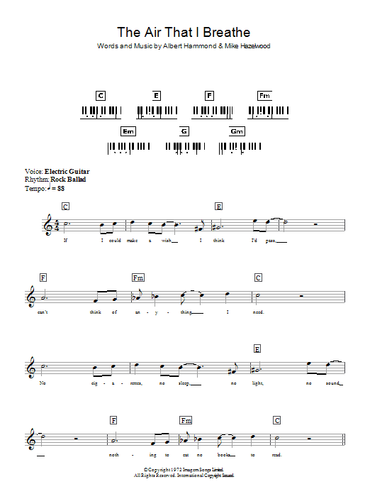 The Hollies The Air That I Breathe sheet music notes and chords arranged for Piano, Vocal & Guitar Chords (Right-Hand Melody)